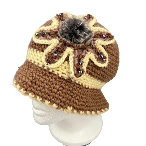 Handmade Crochet Beaded Brim Hat Faux Fur Pom Chunky Yarn Lined Boho Retro - Picture 3 of 6